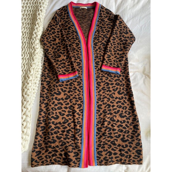 Marine Layer Martha Long Knit Leopard Sweater Coat Cardigan Duster Cotton Wool M - Picture 2 of 10
